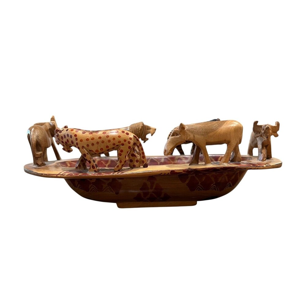 African Safari Animal Hand Carved Wood Bowl 12"w x 5 7/8"d x 4"h - Picture 4 of 16